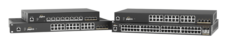 Two Peplink SD Switch PoE switches, front view
