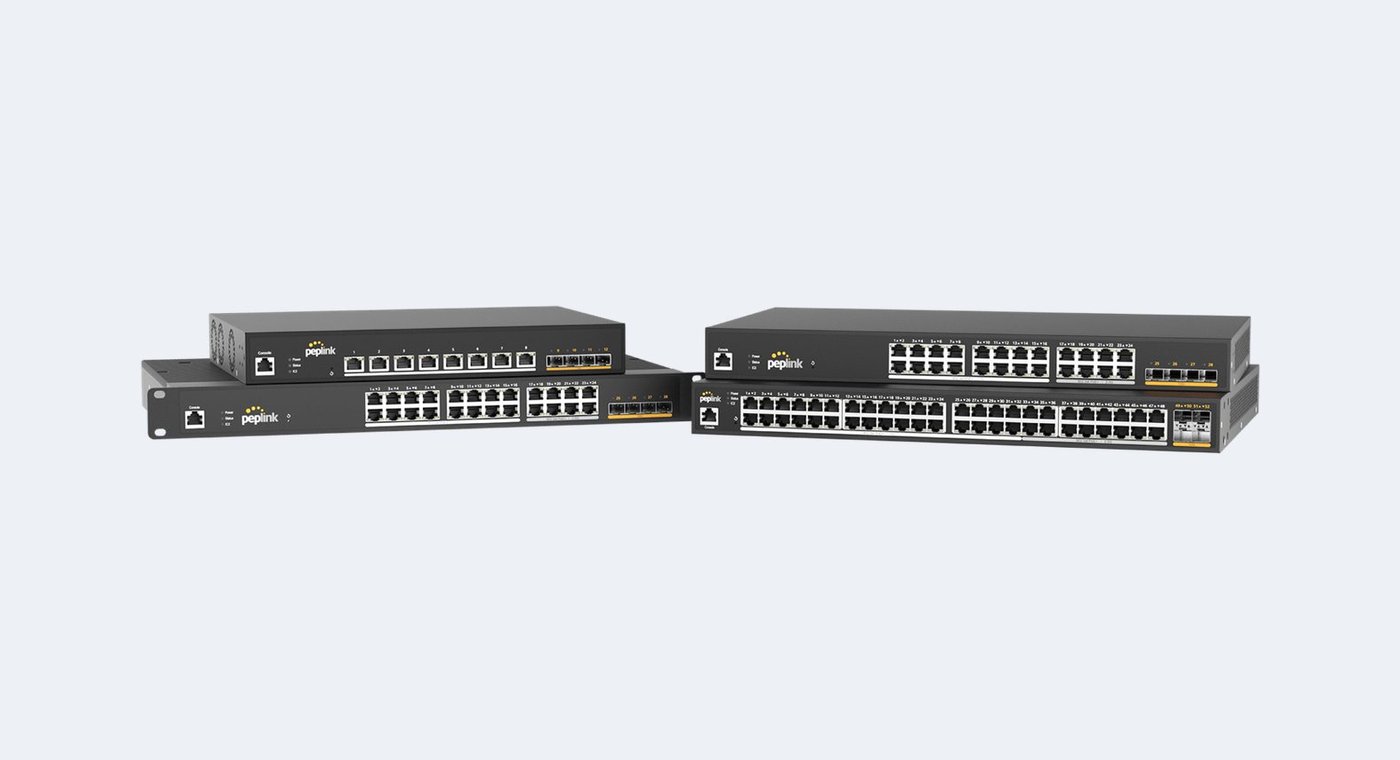 Peplink Switch Series managed PoE switch, front view showing the port bank and SFP cages