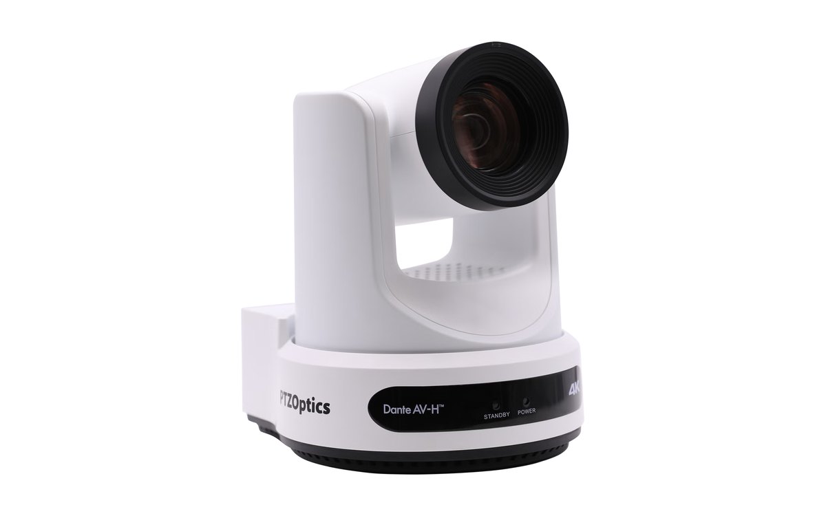 A white PTZOptics Link 4K PTZ camera with a Dante AV-H badge on its base
