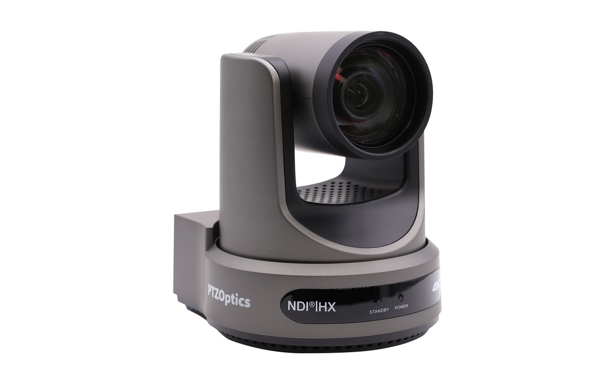 A gray PTZOptics Move 4K PTZ camera with an NDI badge on its base