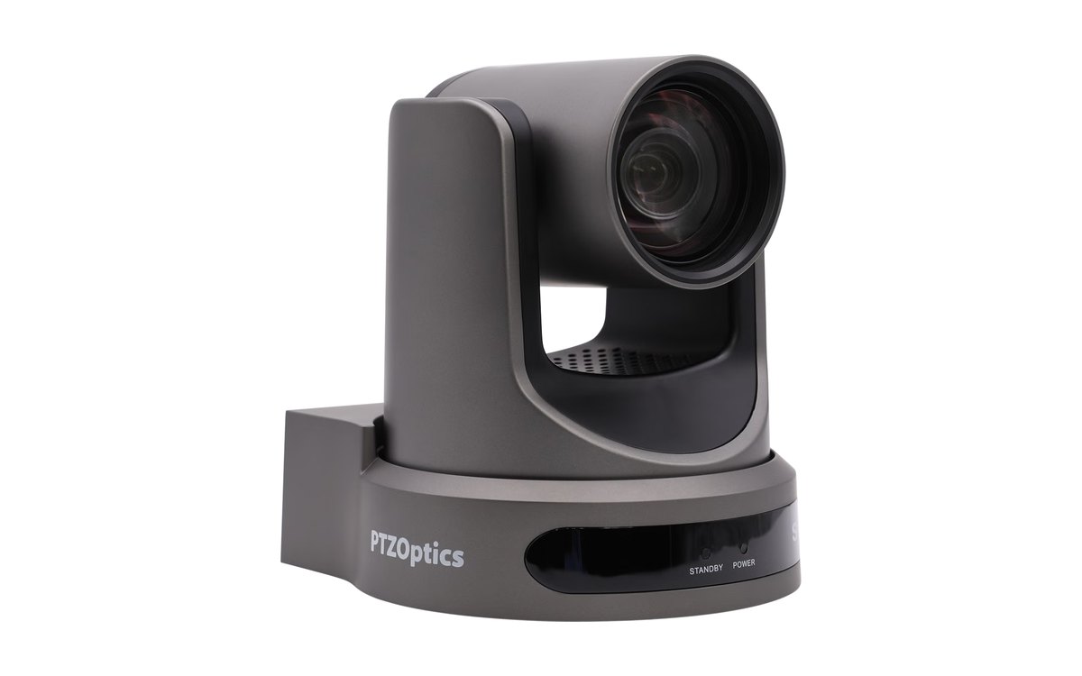 A gray PTZOptics Move SE PTZ camera