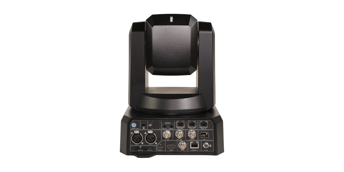 The rear panel of a PTZOptics Rise 4K with XLR inputs, 12G-SDI, genlock and timecode connectors
