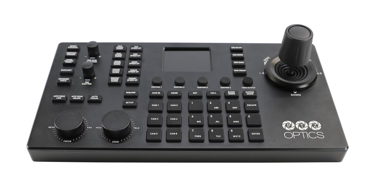 A black PTZOptics SuperJoy controller with a joystick, an LCD screen and camera keys