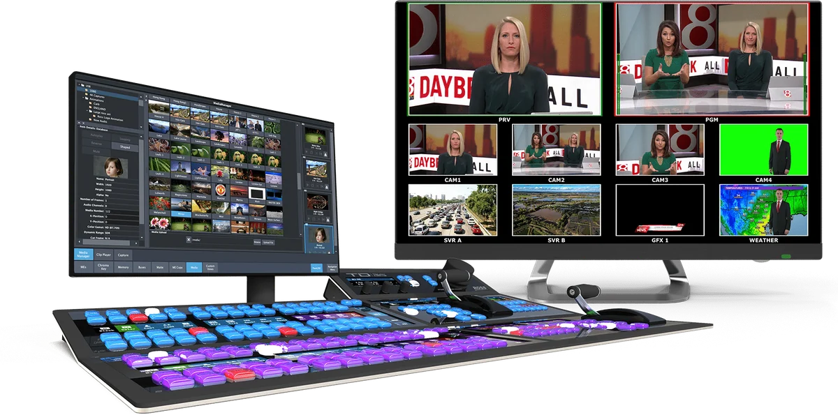 Carbonite Code software interface with a TouchDrive panel and multiviewer screens