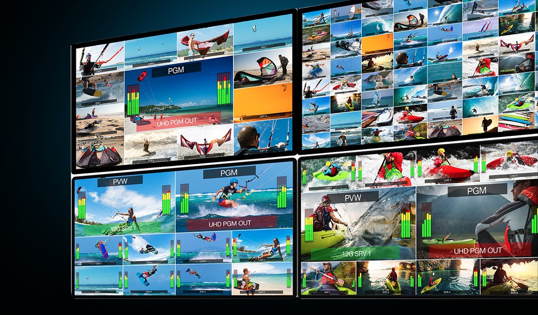 Multiviewer layouts showing many live sources on monitor walls