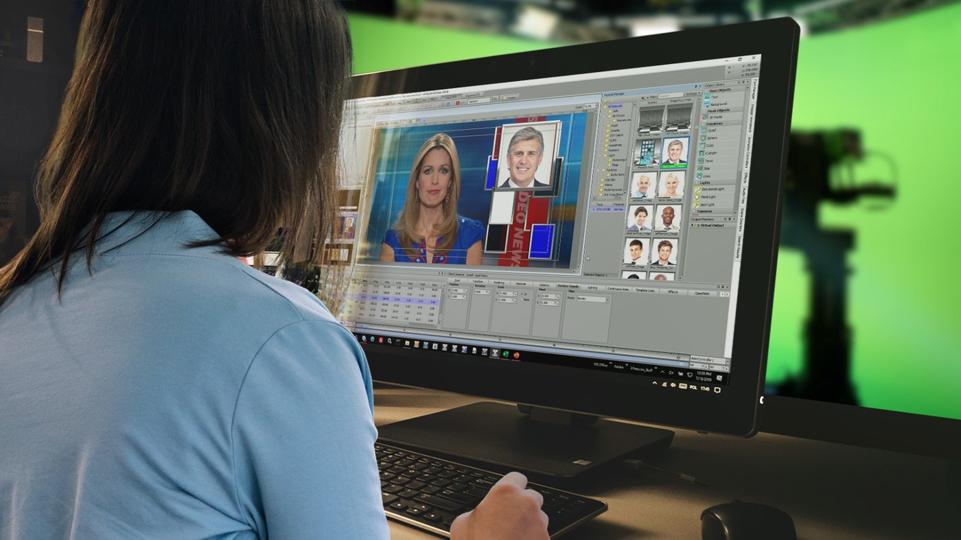 Designer building a lower third in XPression on a workstation in front of a green screen