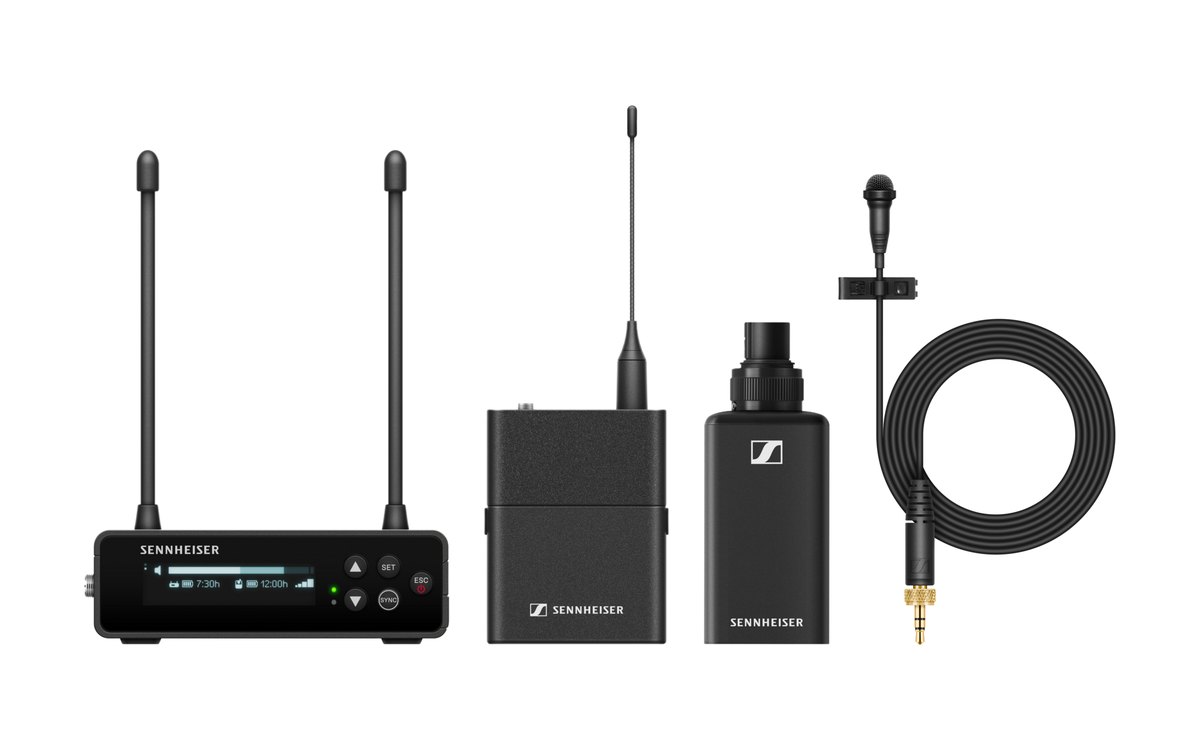 A Sennheiser EW-DP ENG set: camera receiver, bodypack, plug-on transmitter and lavalier microphone