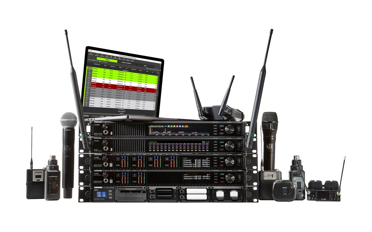 A Shure Axient Digital system with receivers, a spectrum manager, a rack charger and transmitters