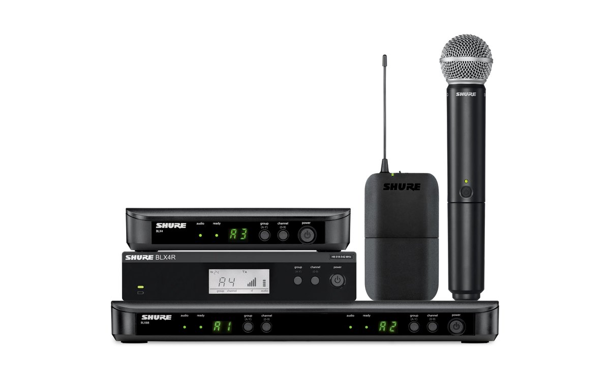 Shure BLX receivers with a bodypack transmitter and a handheld microphone