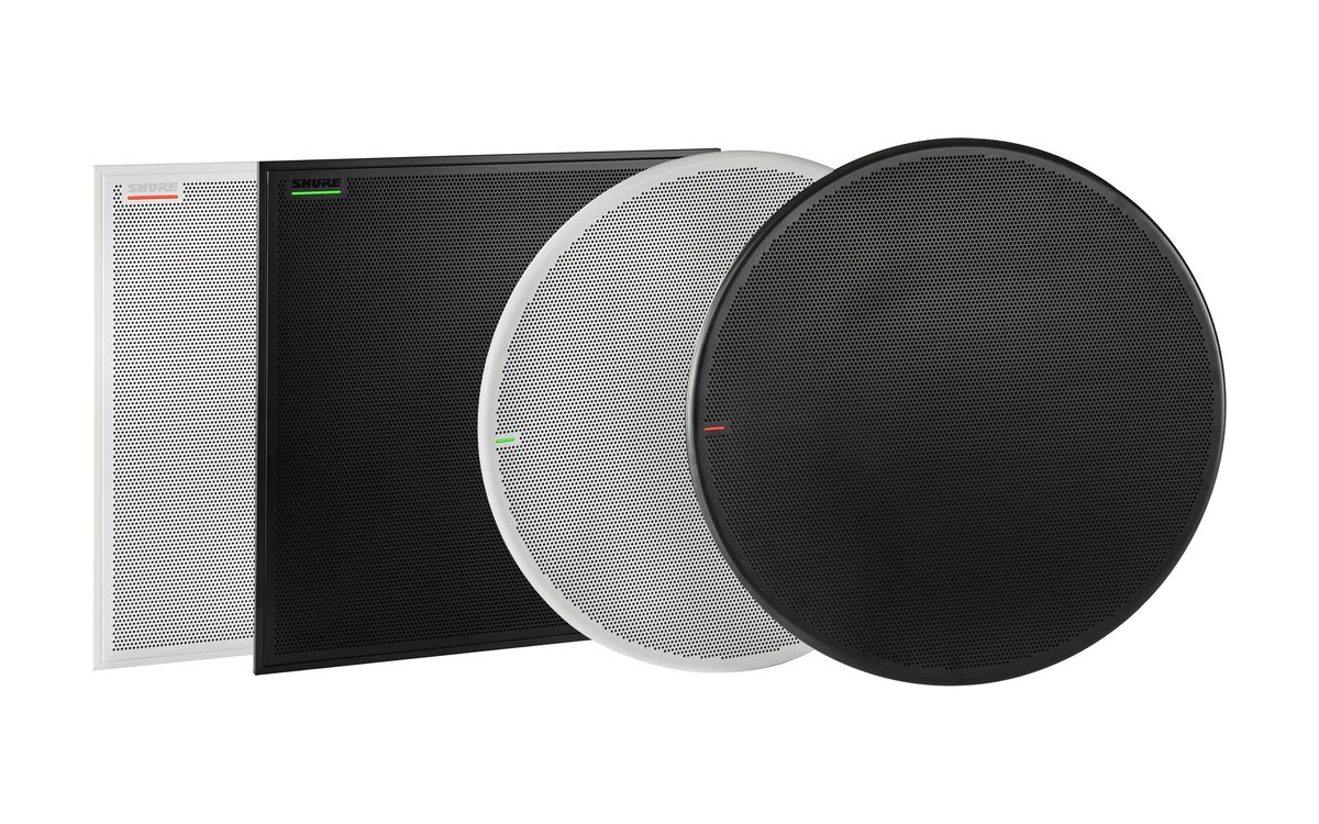 Four Shure MXA925 ceiling array microphones, square and round, in white and black