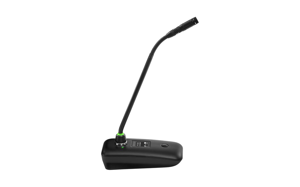 A Shure MXW8X wireless desktop base with a gooseneck microphone