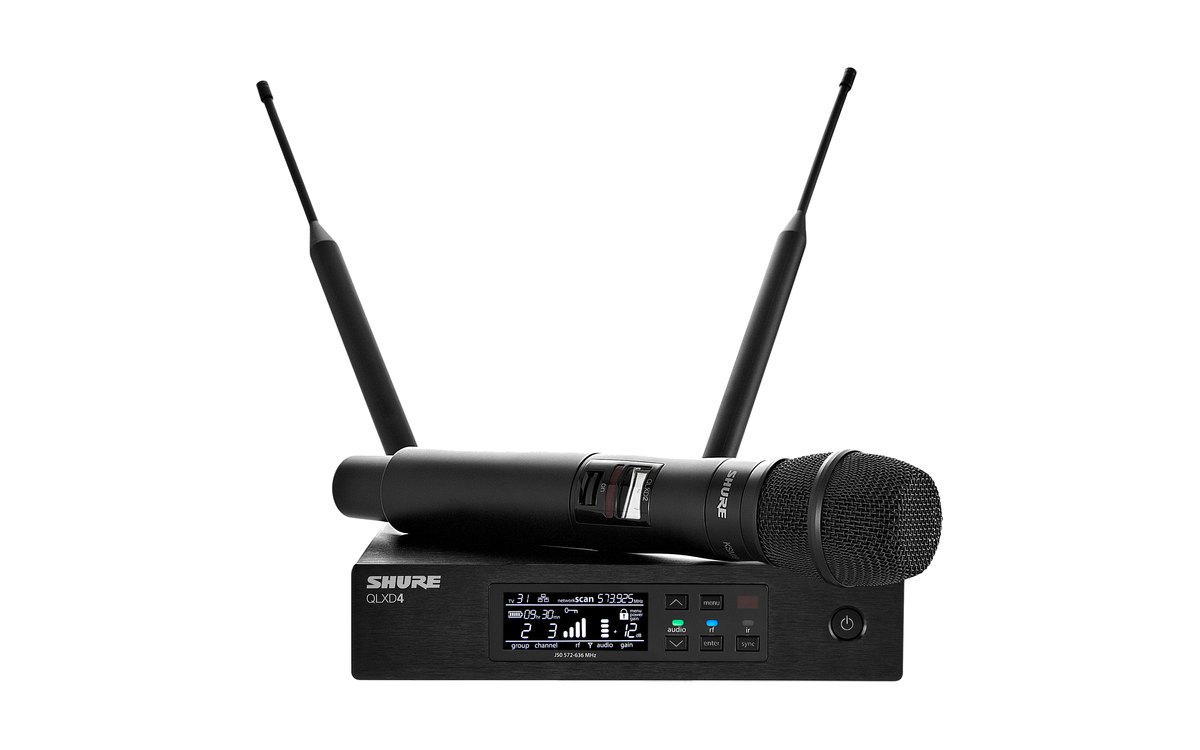 A Shure QLXD4 receiver with a QLXD2 handheld microphone