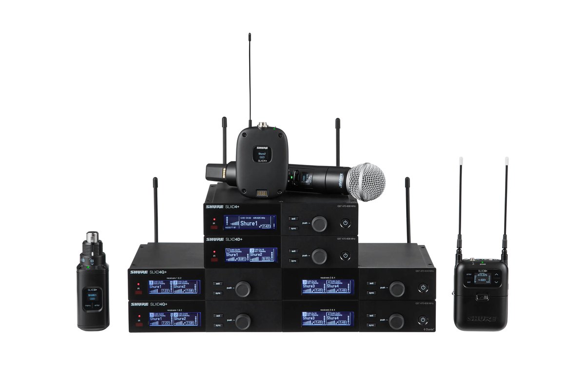 Shure SLX-D+ single, dual and quad receivers with bodypack, plug-on and handheld transmitters