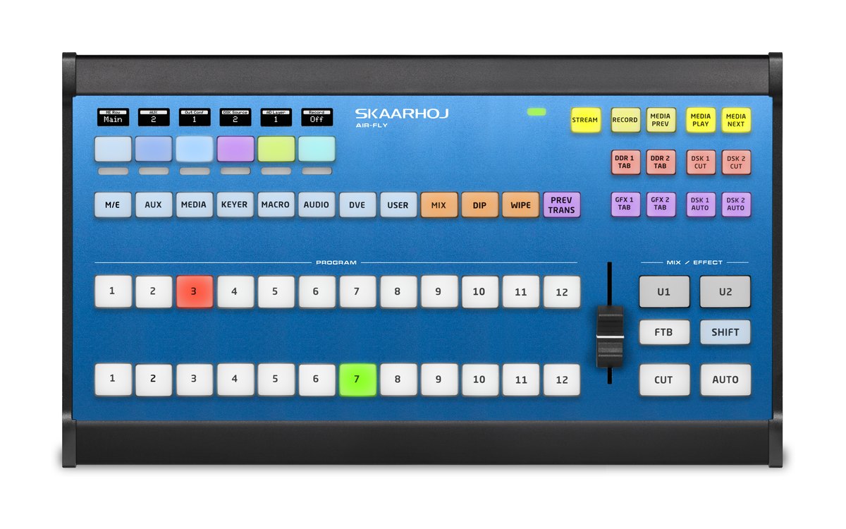 A SKAARHOJ Air Fly for TriCaster panel seen from above, with program and preview rows and a transition fader