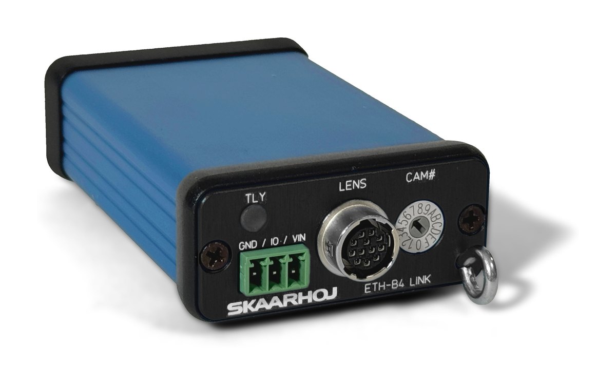 A small blue SKAARHOJ ETH-B4 Link box with a 12-pin lens connector and a tally lamp
