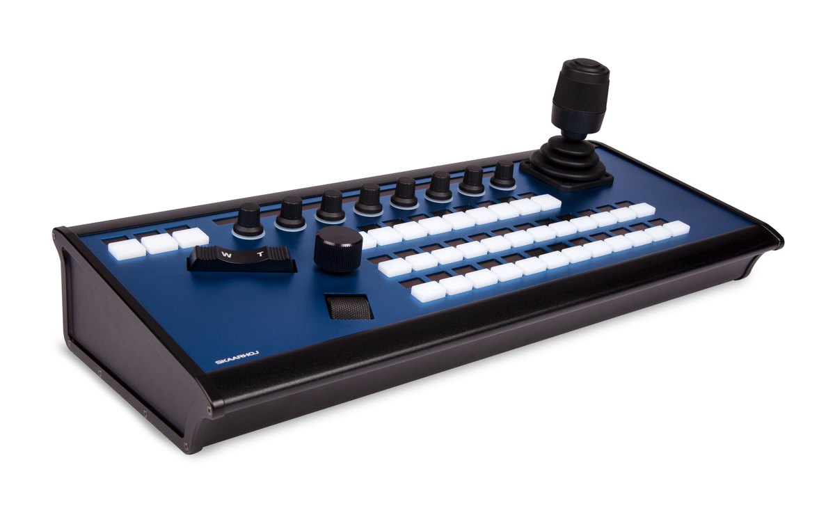 A SKAARHOJ PTZ Extreme controller with rows of keys, eight knobs and a joystick
