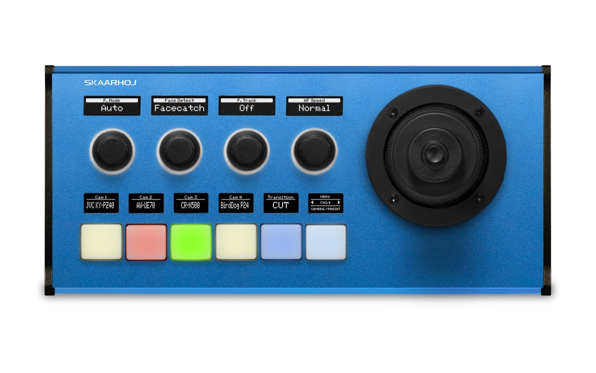 A SKAARHOJ PTZ Fly controller seen from above, with four encoders, six buttons and a joystick
