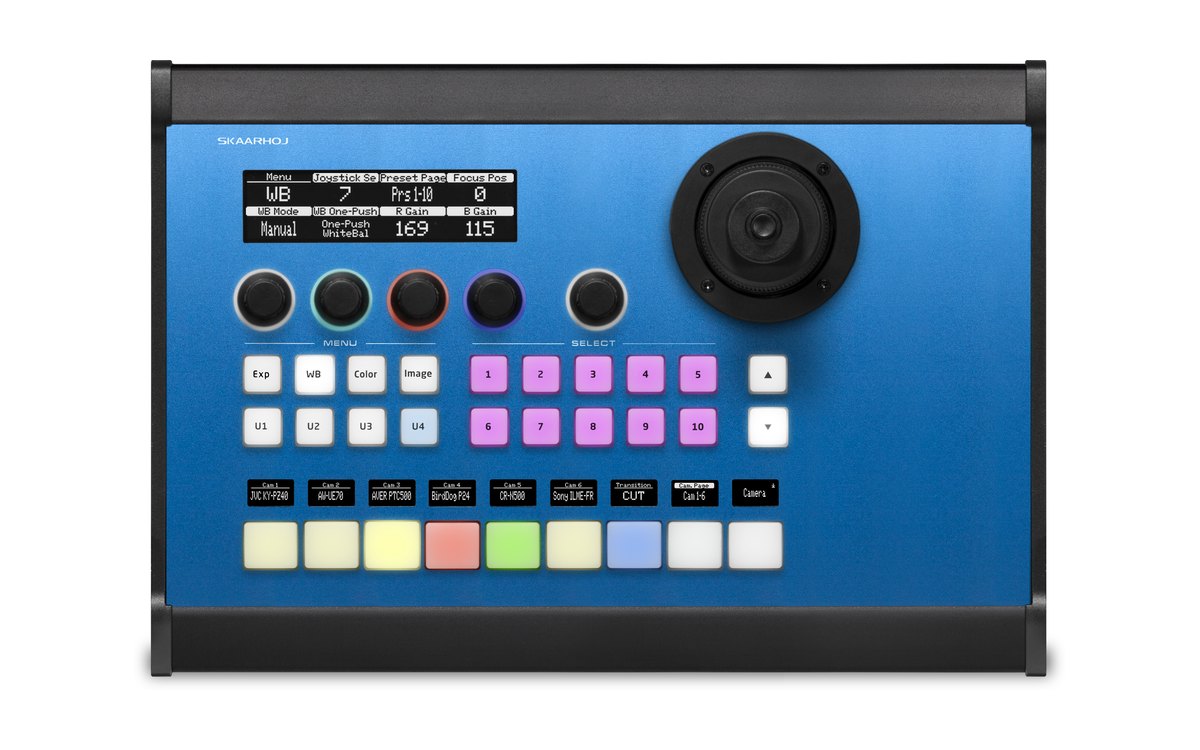 A SKAARHOJ PTZ Pro controller seen from above, with a menu display, preset keys and a joystick