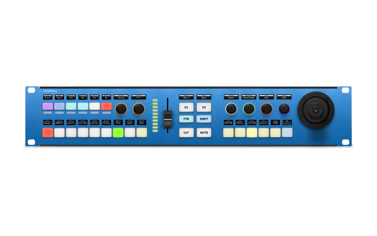 The front of a SKAARHOJ Rack Fusion Live rack panel with switching keys, a fader and a joystick