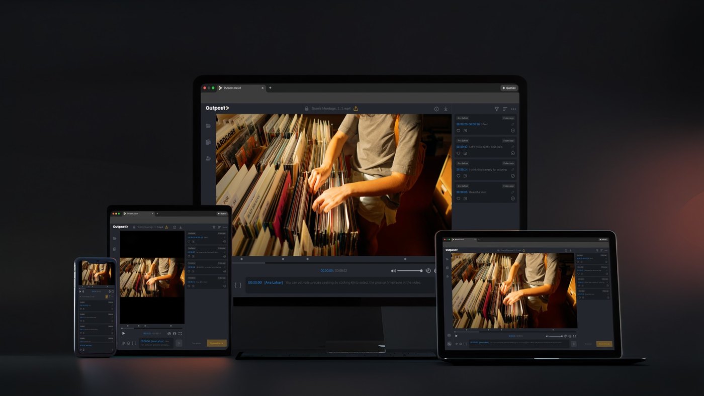Outpost media review open on a laptop, tablet and phone
