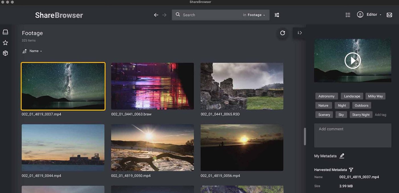 ShareBrowser media library showing bins and thumbnails of footage