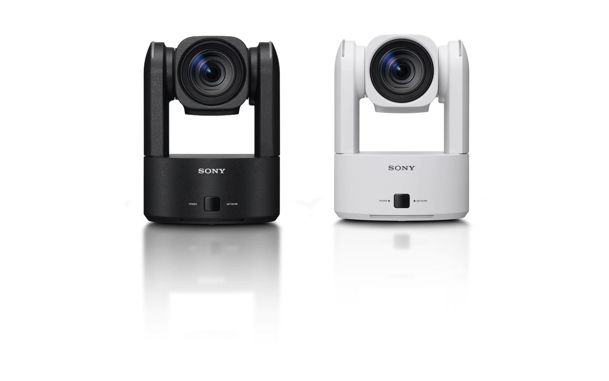 A black and a white Sony BRC-AM7 PTZ camera, front view