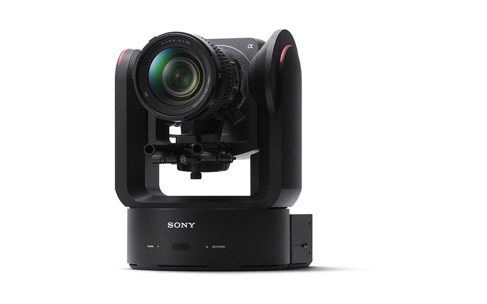 A Sony ILME-FR7 Cinema Line PTZ camera with a zoom lens mounted in its yoke