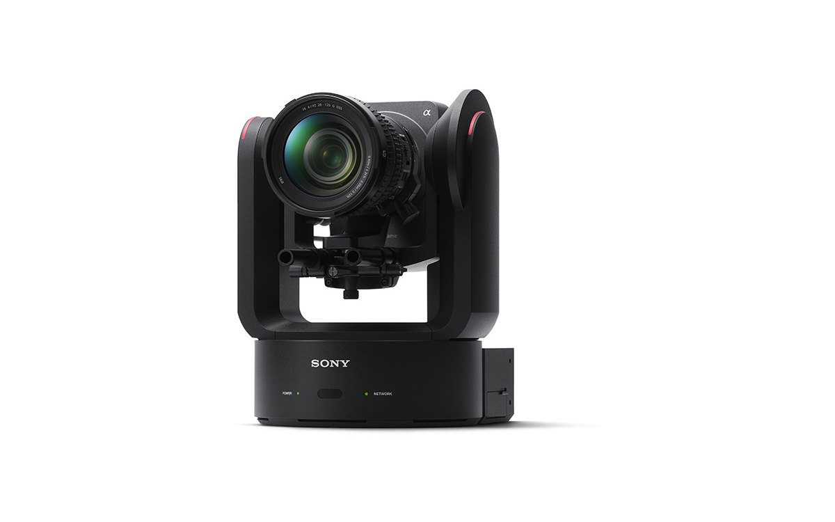 A Sony ILME-FR7 Cinema Line PTZ camera with a zoom lens mounted in its yoke