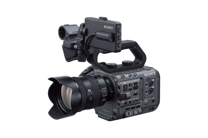 A Sony FX6 Cinema Line camera with a zoom lens and a top handle
