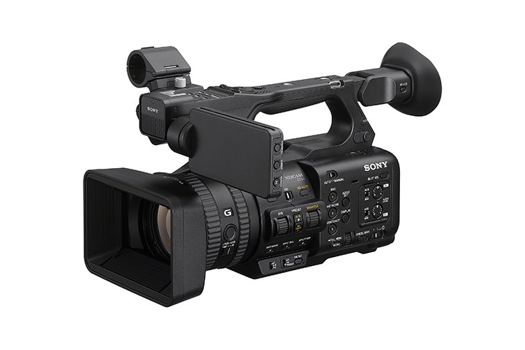 A Sony PXW-Z200 handheld camcorder with its lens hood, top handle and flip-out screen
