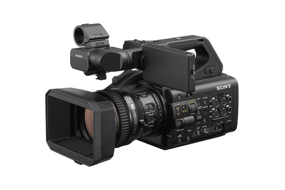 A Sony PXW-Z300 handheld camcorder with a large lens hood and a screen on the handle