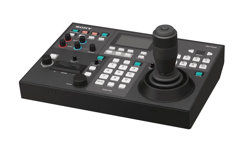A Sony RM-IP500 PTZ controller with a joystick, preset keypad and zoom lever