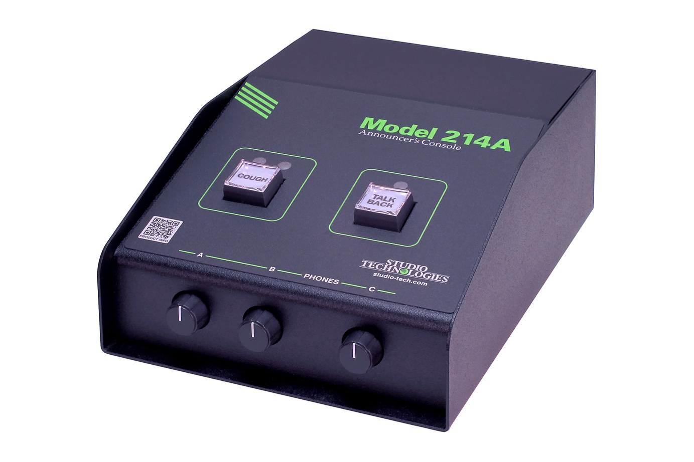 A Studio Technologies Model 214A announcer's console, angled front view