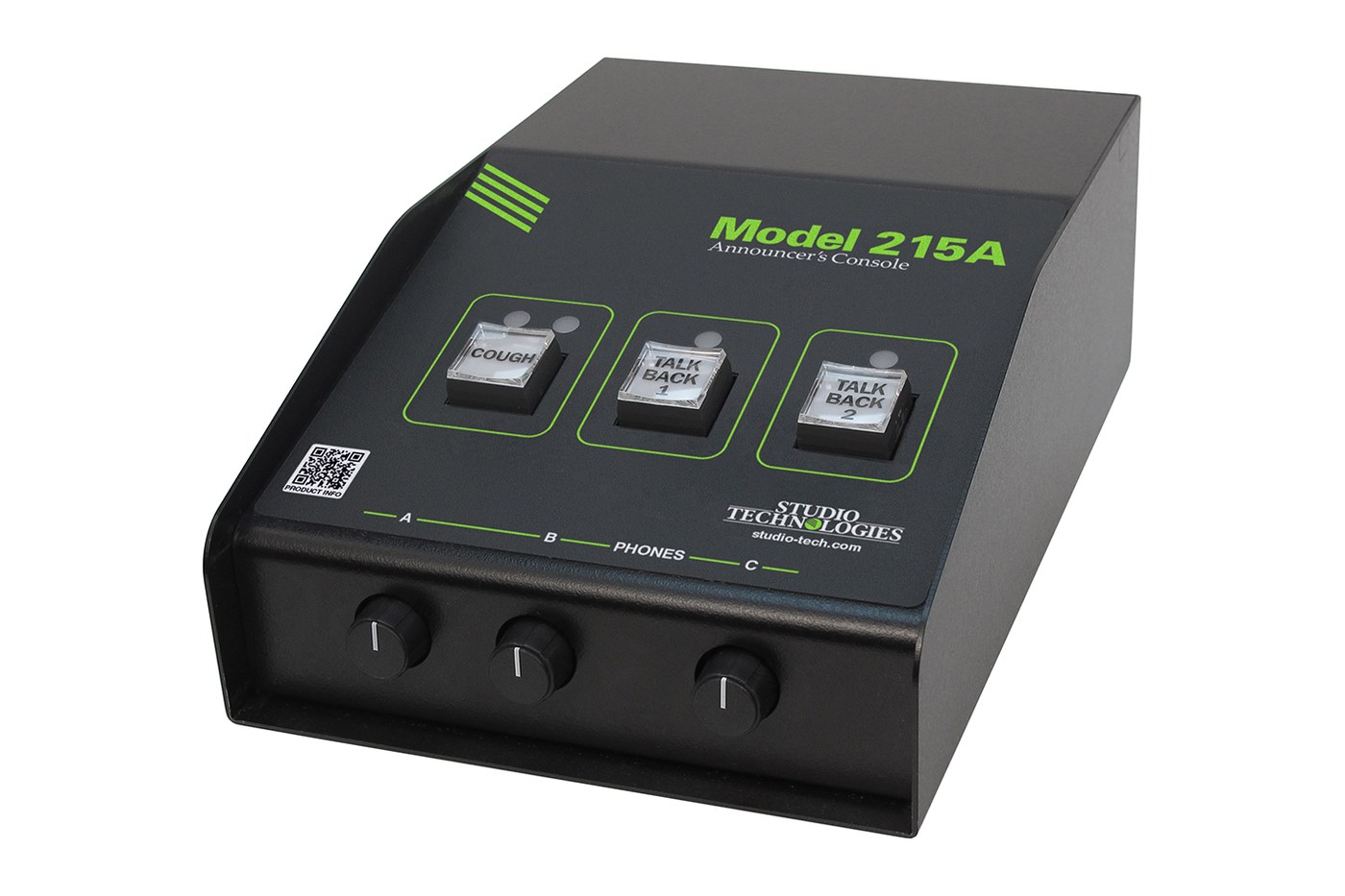 A Studio Technologies Model 215A announcer’s console, angled front view, with a cough button and two talkback buttons