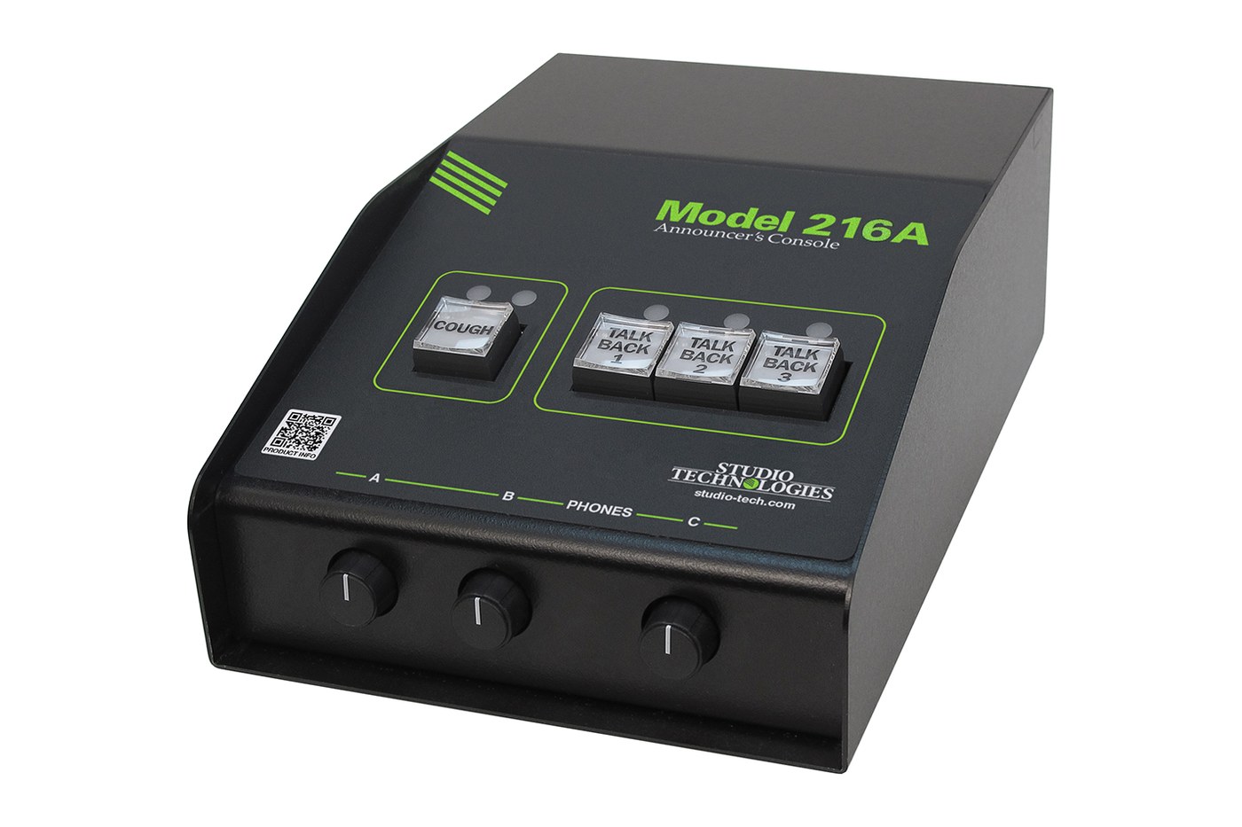 A Studio Technologies Model 216A announcer’s console, angled front view, with a cough button and three talkback buttons