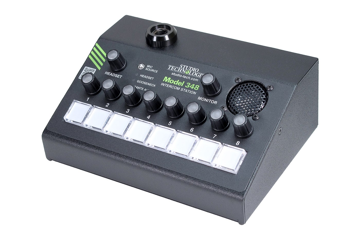 A Studio Technologies Model 348 intercom station, angled top view, showing eight channel buttons, a monitor speaker and a headset connector