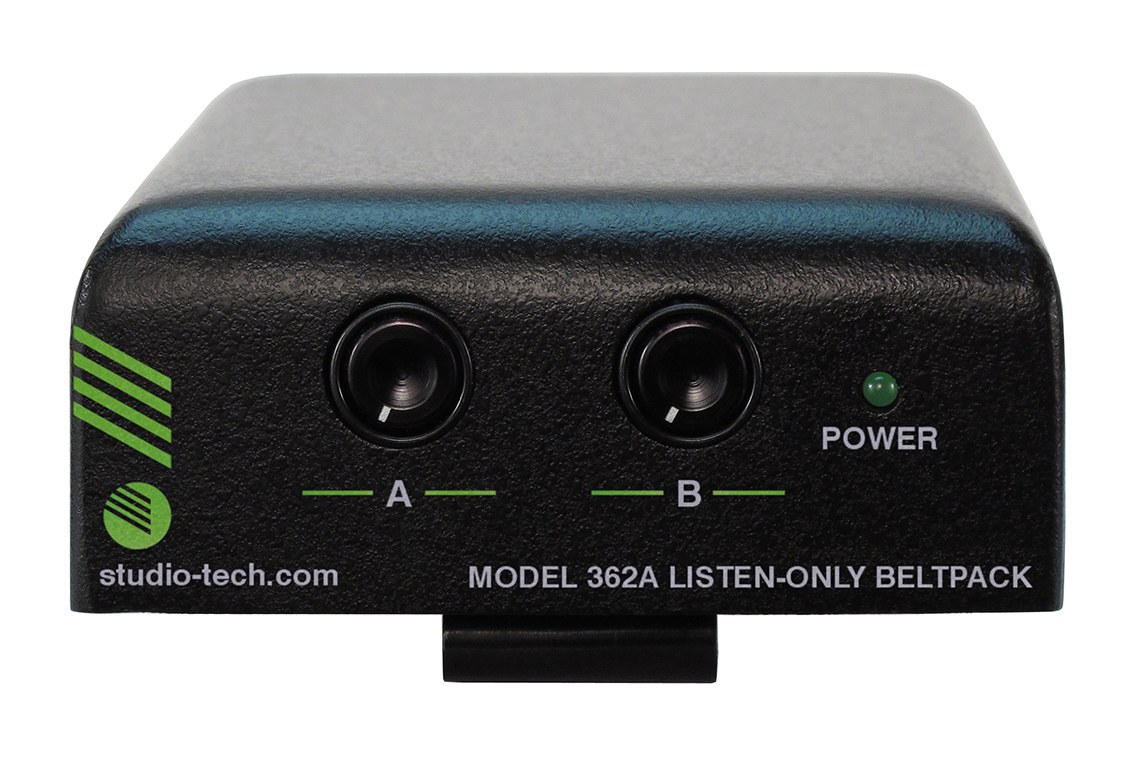The control surface of a Studio Technologies Model 362A listen-only beltpack: two level knobs, a power indicator and no talk buttons