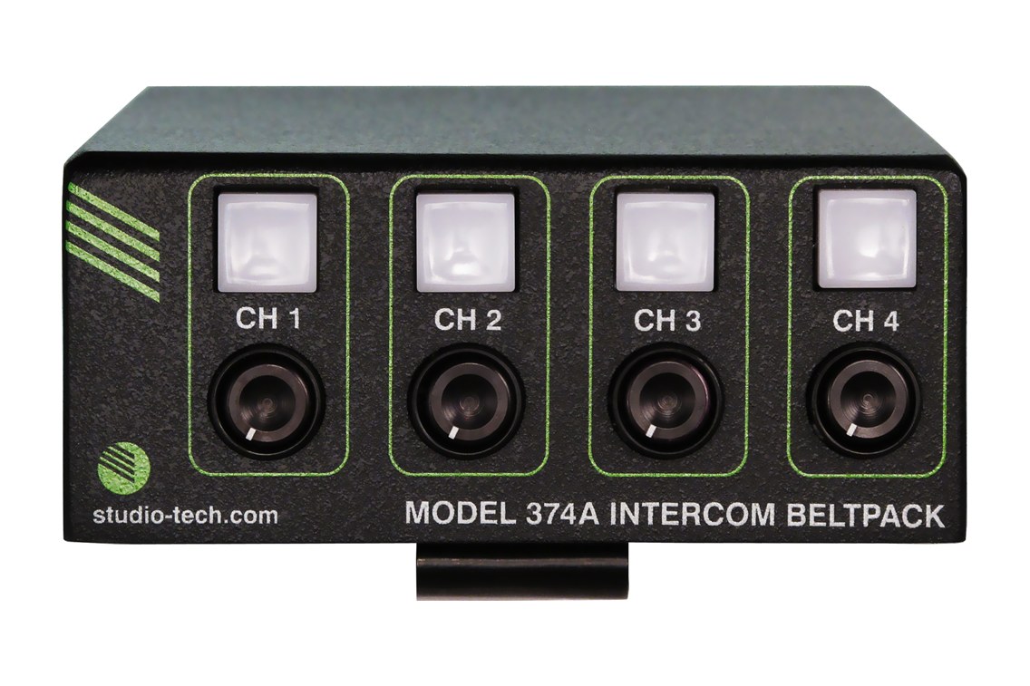 The control surface of a Studio Technologies Model 374A intercom beltpack: four channels, each with a talk button and a listen knob