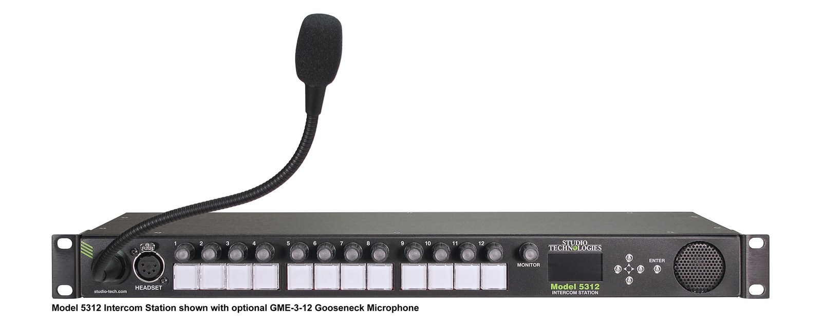 A Studio Technologies Model 5312 twelve-channel rack-mounted intercom station shown with a GME-3-12 gooseneck microphone