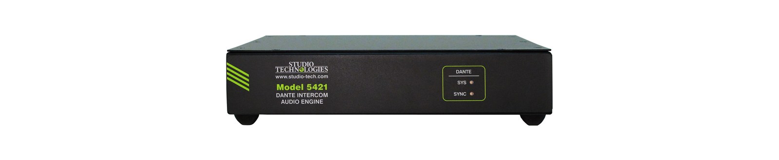 A Studio Technologies Model 5421 Dante intercom audio engine, half-rack front panel