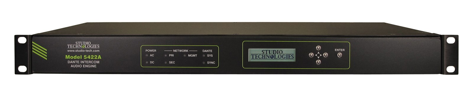 A Studio Technologies Model 5422A Dante intercom audio engine, one rack unit, front panel with display and navigation keys