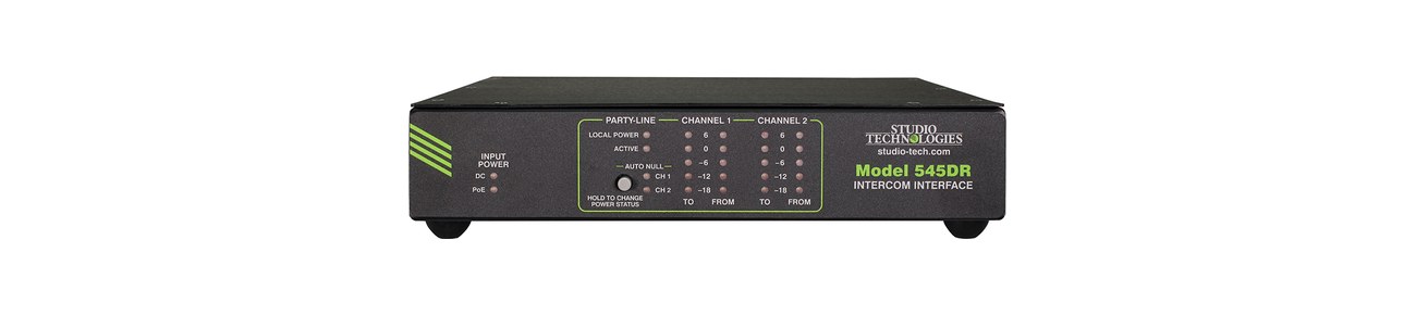 A Studio Technologies Model 545DR intercom interface, half-rack front panel