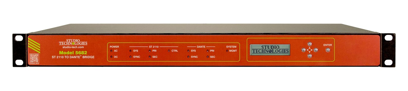 A Studio Technologies Model 5682 SMPTE ST 2110 to Dante bridge, one rack unit front panel