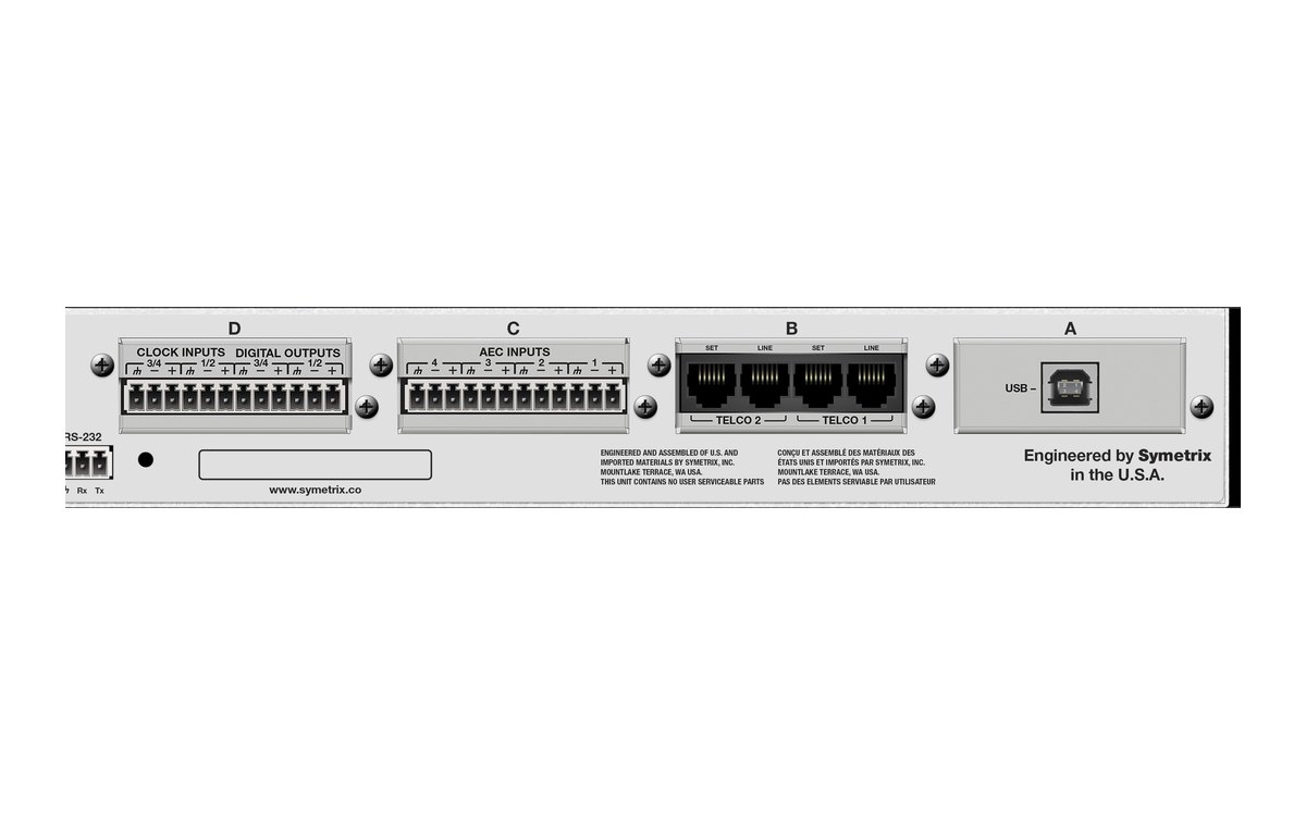 The four card slots, A to D, on the rear of a Symetrix Edge processor, each fitted with a card