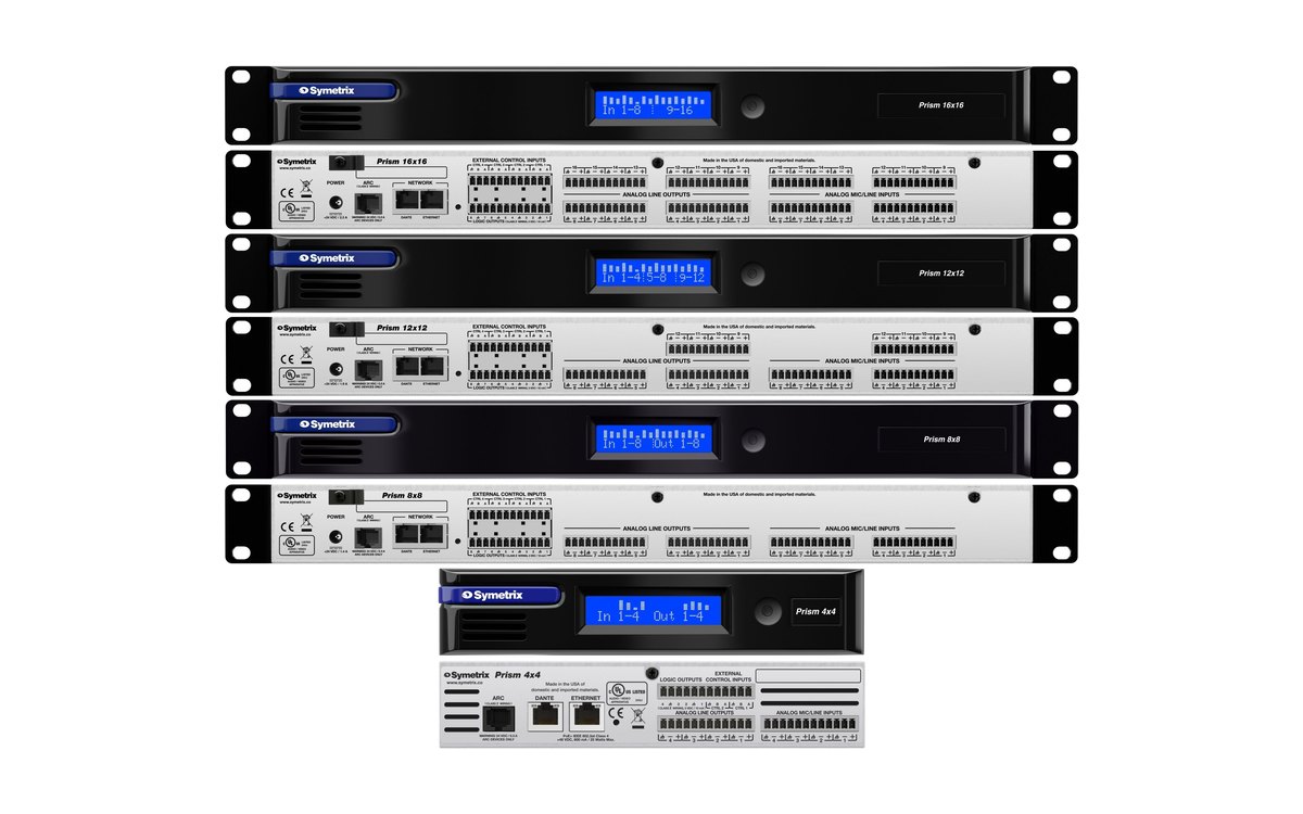 The four Symetrix Prism processors stacked, from the 16x16 to the half-width 4x4