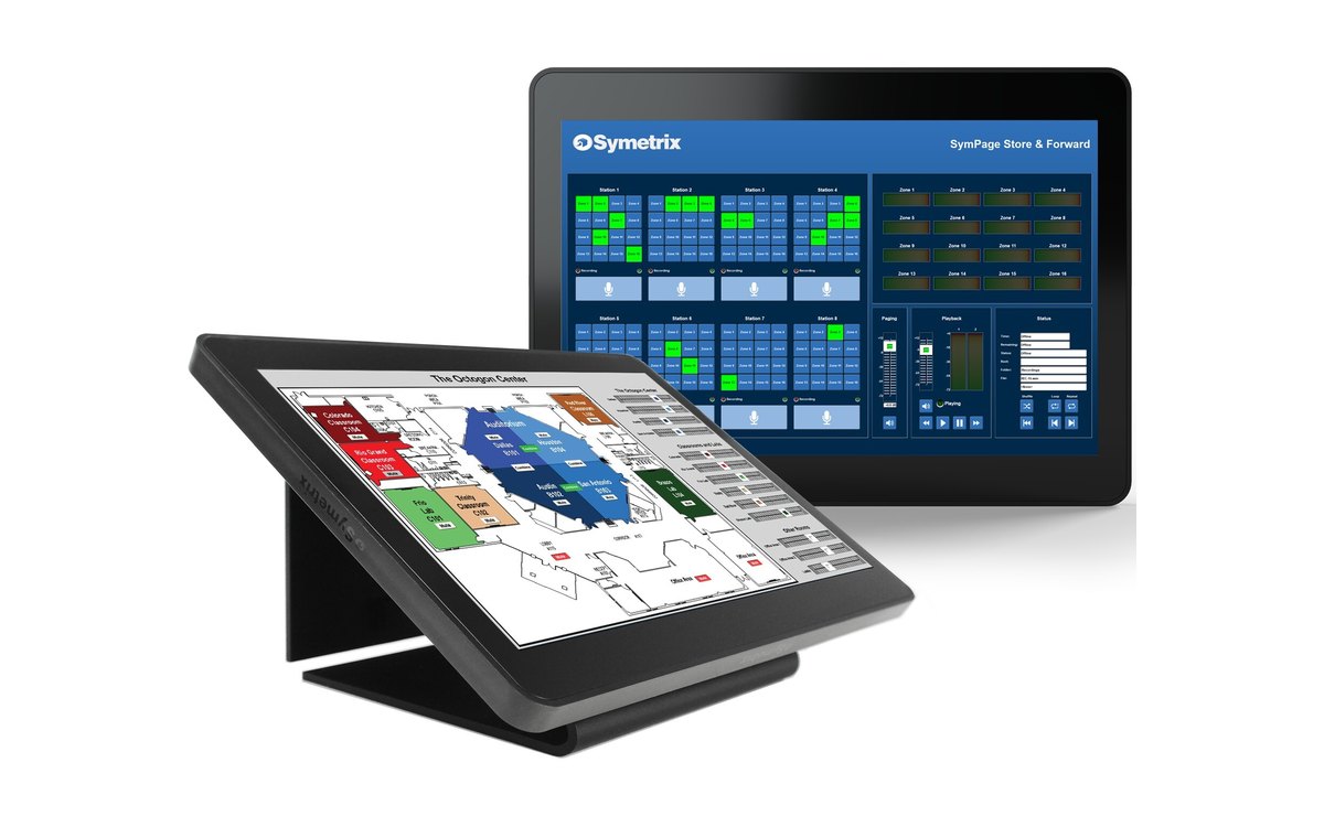 Two Symetrix touchscreens showing custom control screens, one on a tabletop stand