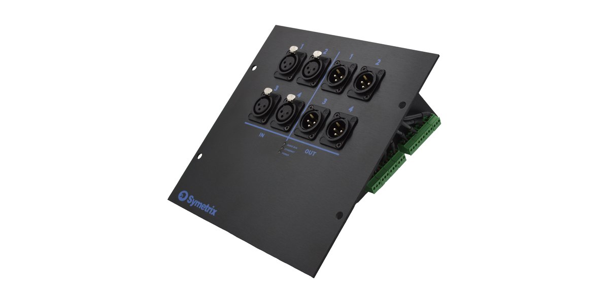 A Symetrix xIO Stage 4x4 plate with four XLR inputs and four XLR outputs