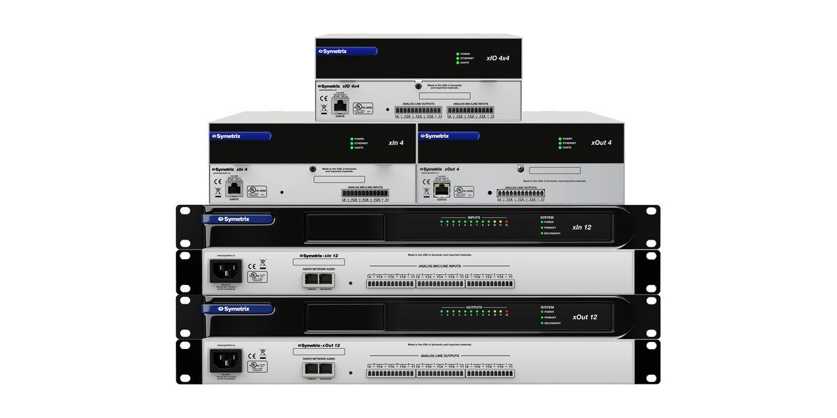 Symetrix xIO Dante expanders, half-rack and 1U, front and rear