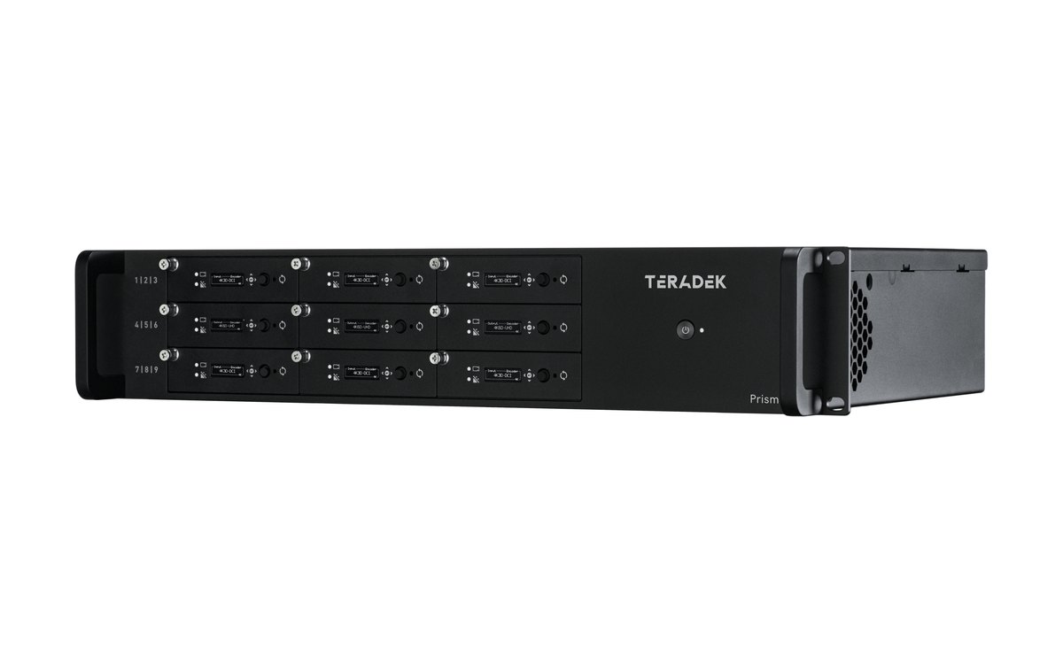 A Teradek Prism 802 2RU chassis loaded with nine cards