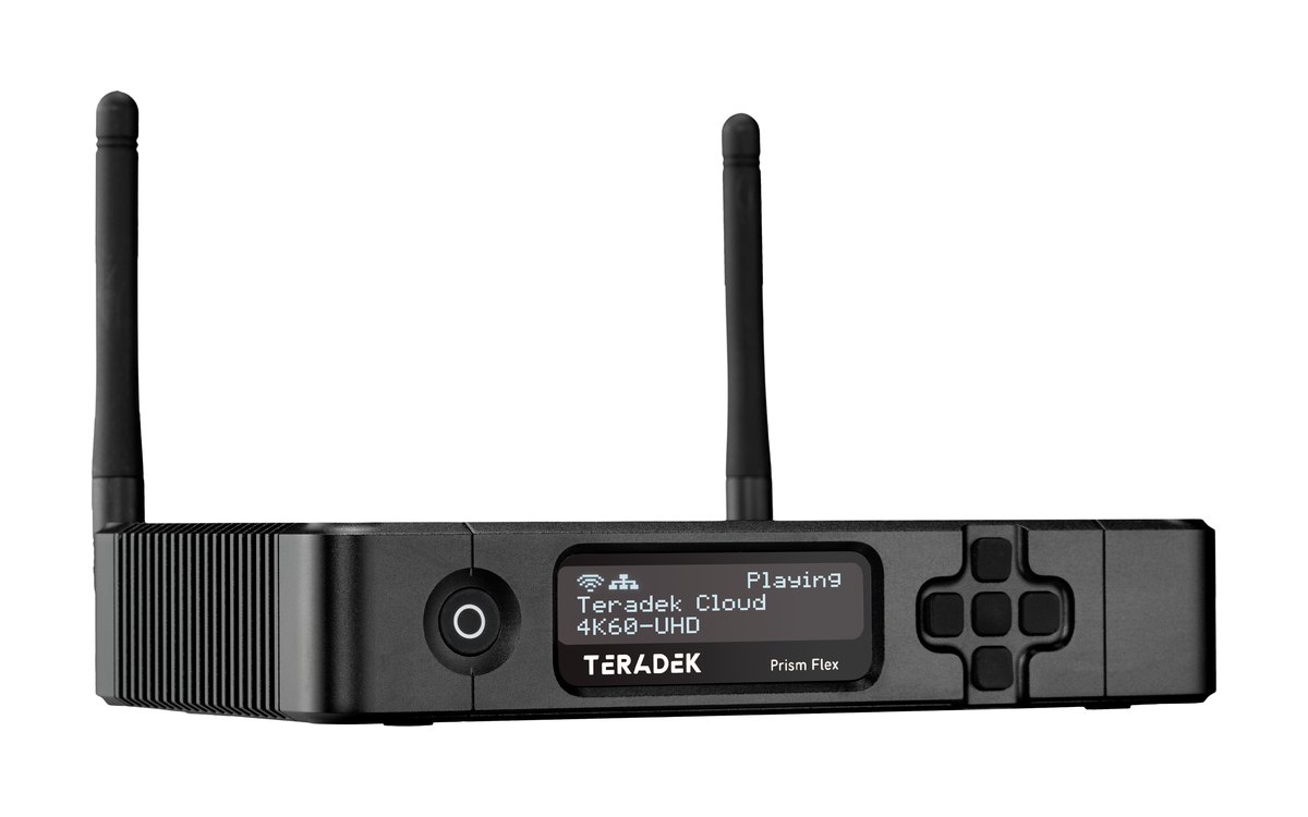 A Teradek Prism Flex Mk II unit with two antennas and a small status display